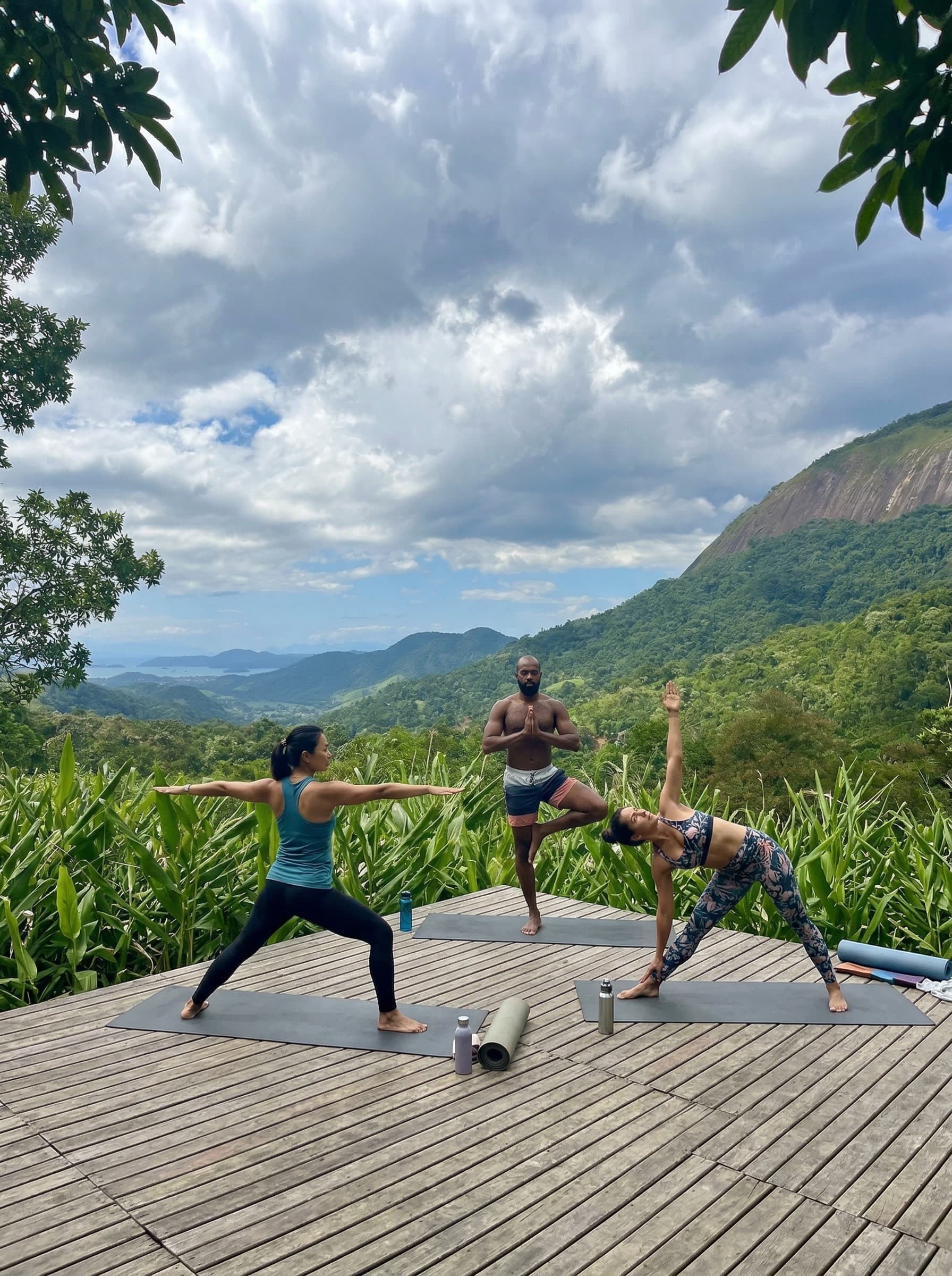 Morning yoga on the deck above the valley at Nekawa