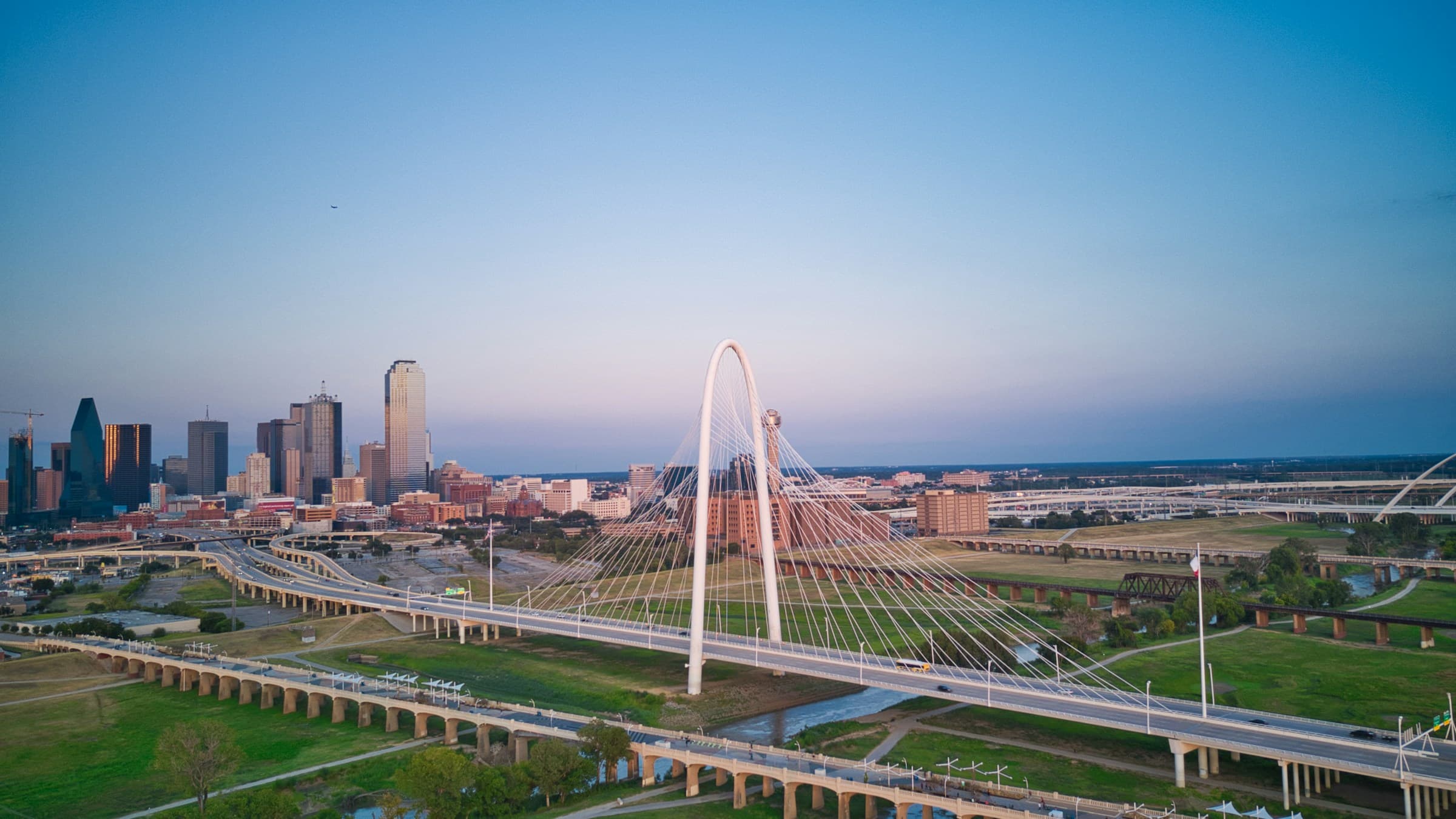 Aerial view of Dallas, Texas office towers at dusk