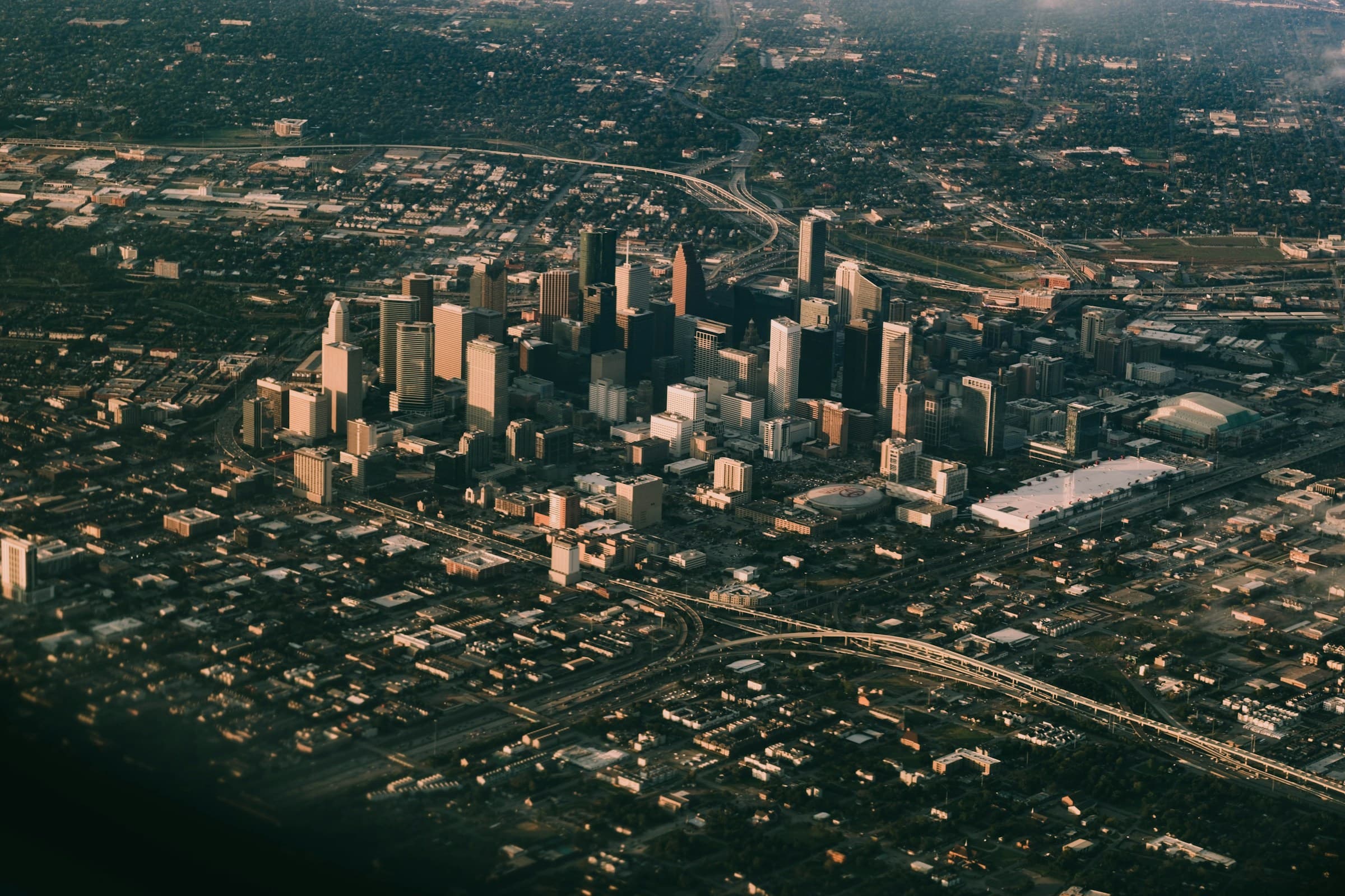 Aerial view of Houston, Texas at dusk