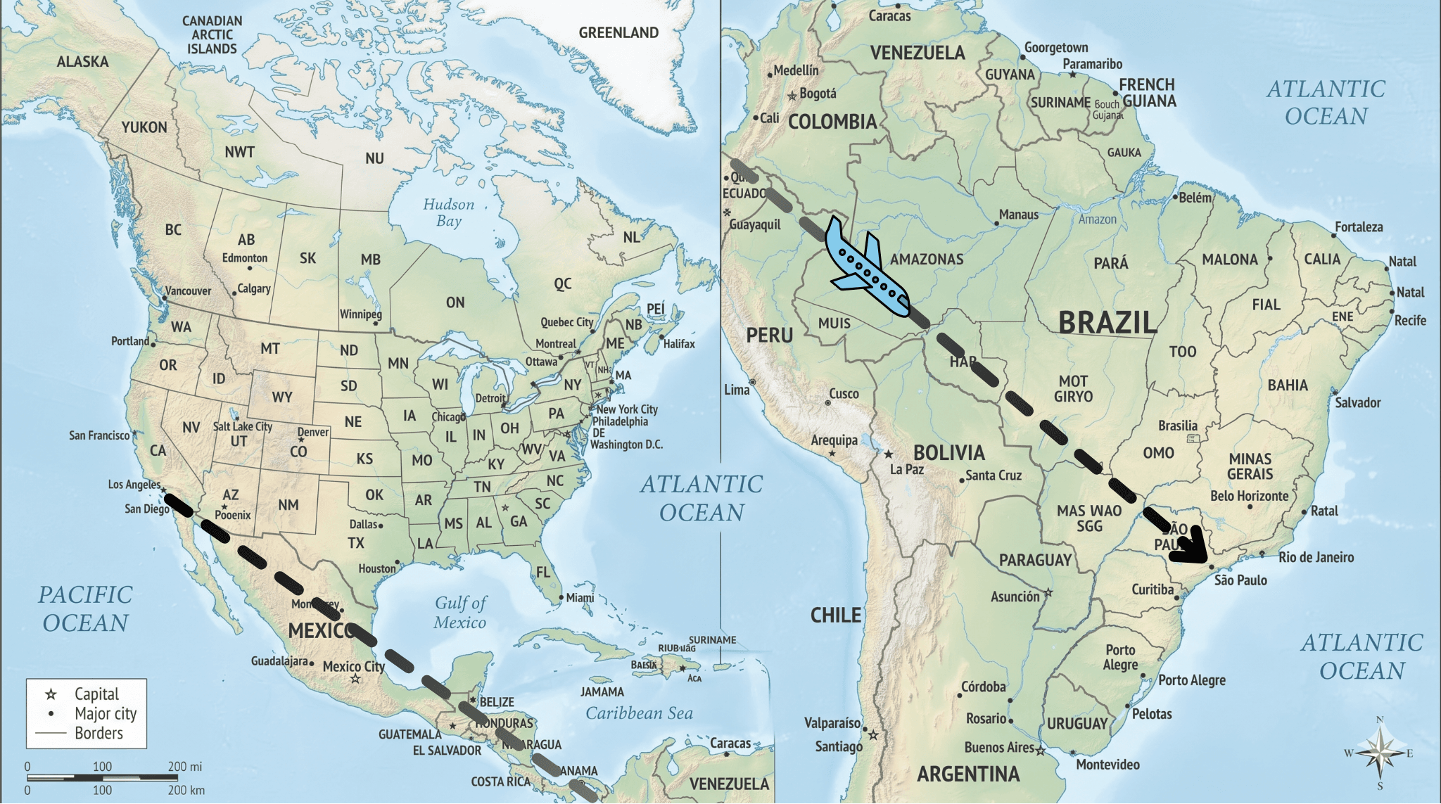 Flight path from Los Angeles, California to São Paulo, Brazil