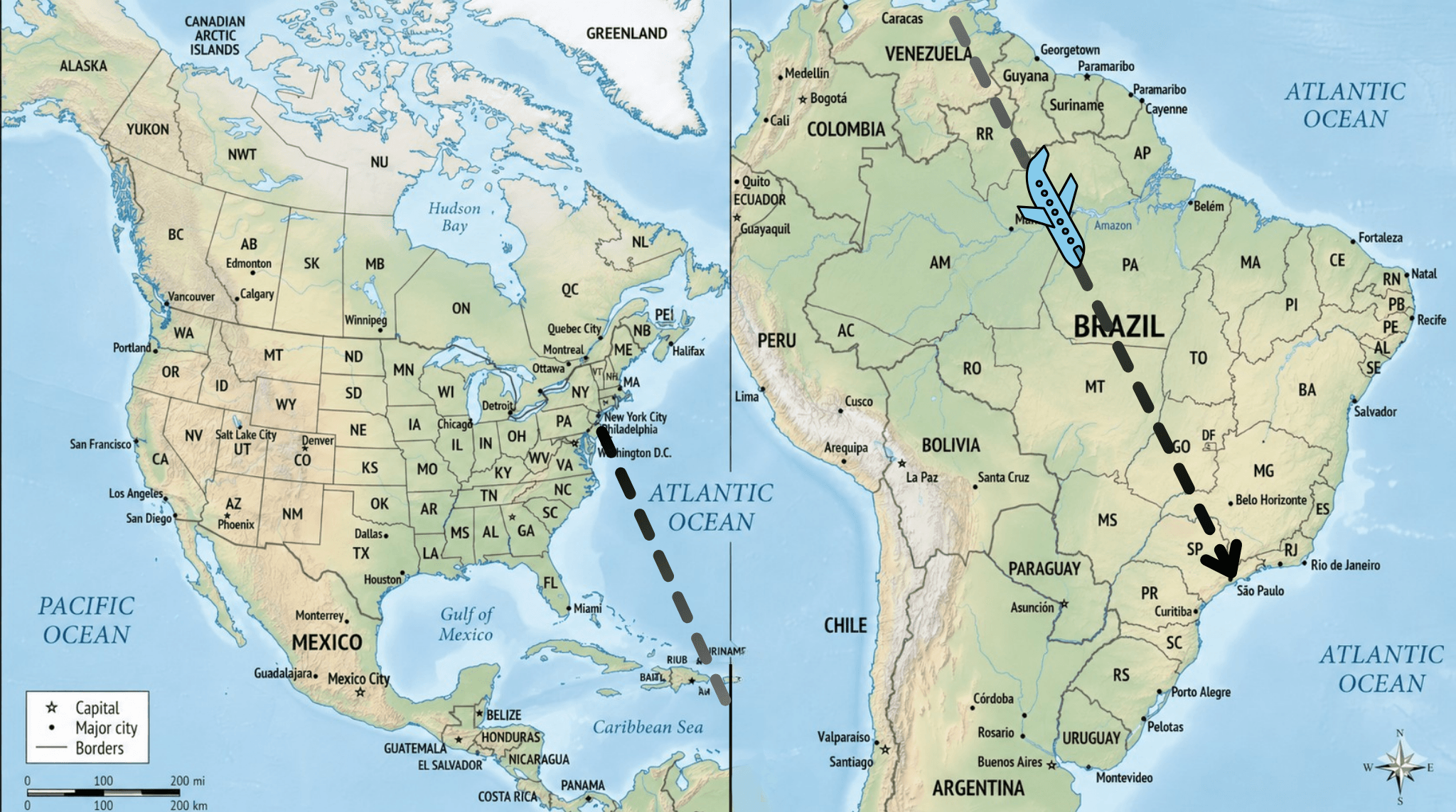 Flight path from New York City to São Paulo, Brazil