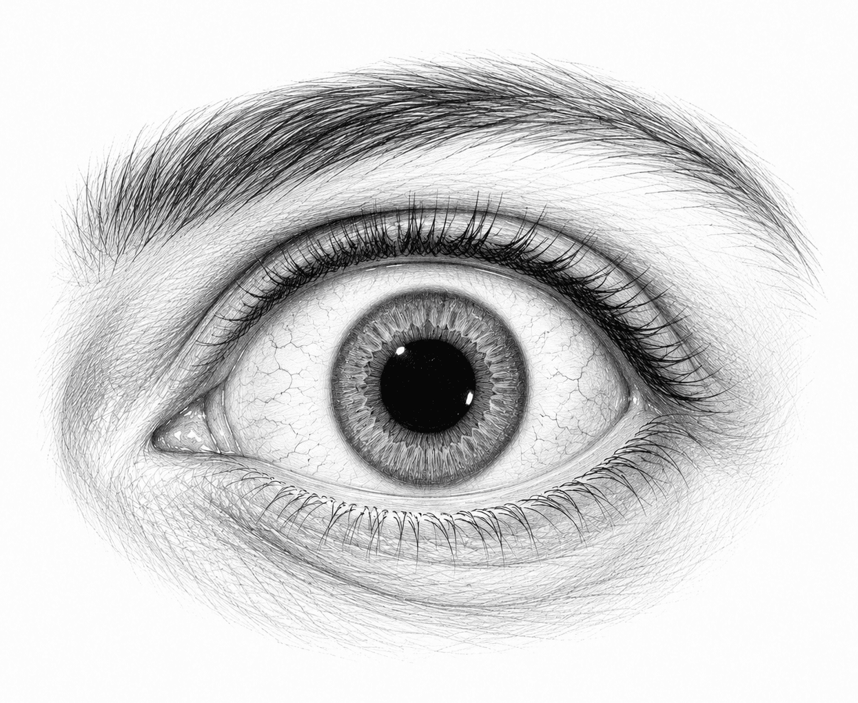 Pencil sketch of an alert, dilated eye