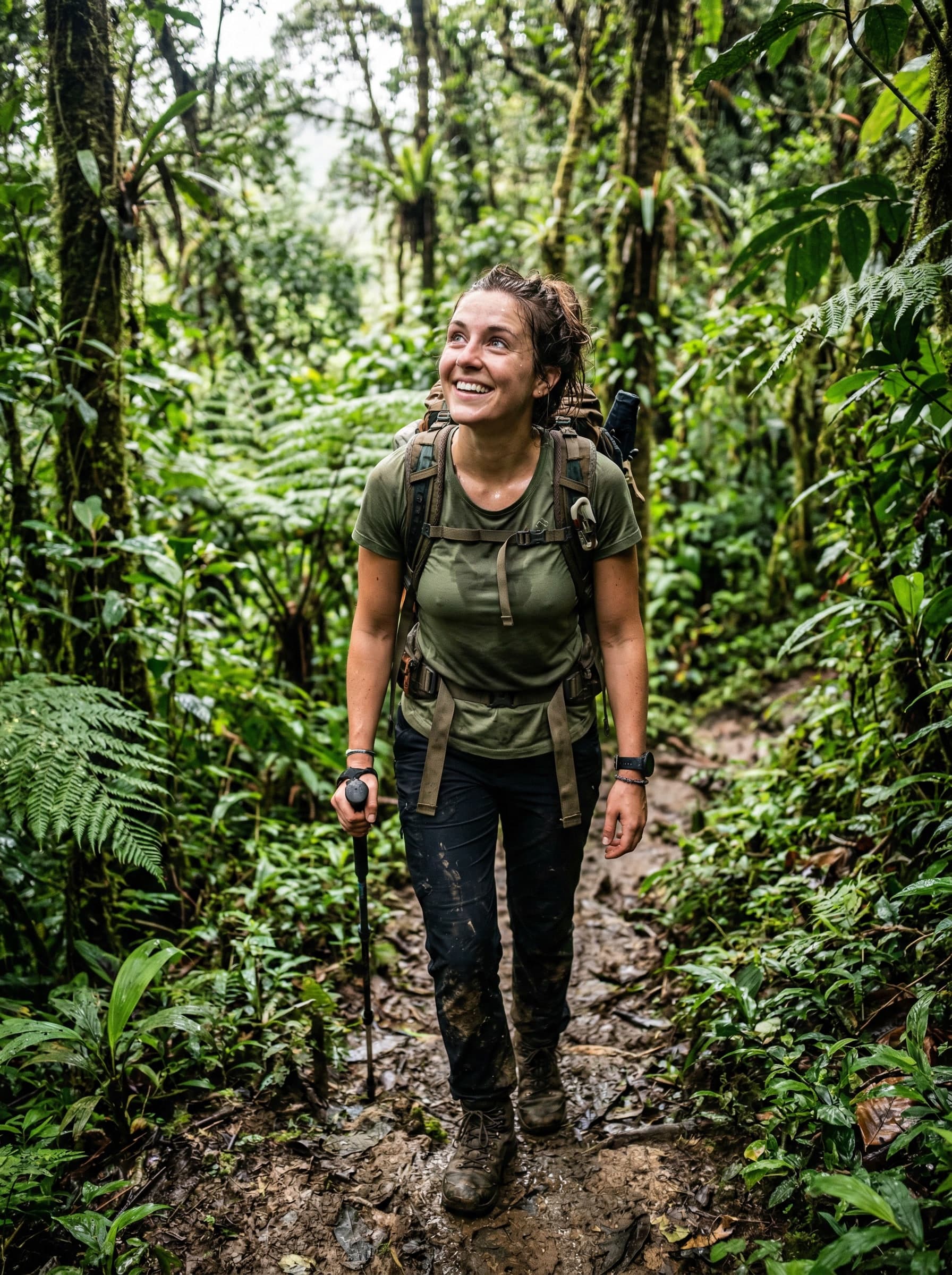 A woman walking a quiet trail through the rainforest