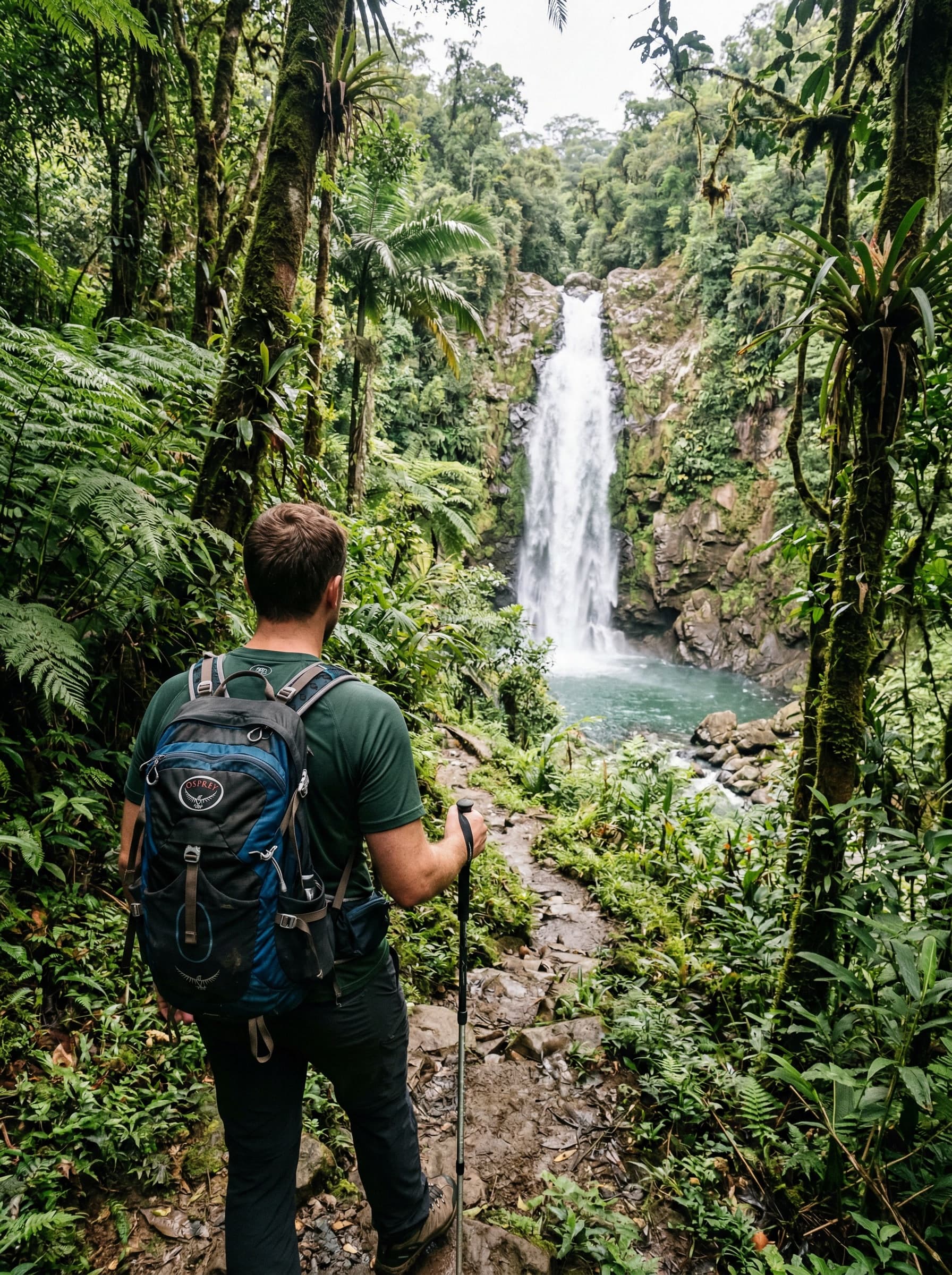 A man walking toward a rainforest waterfall