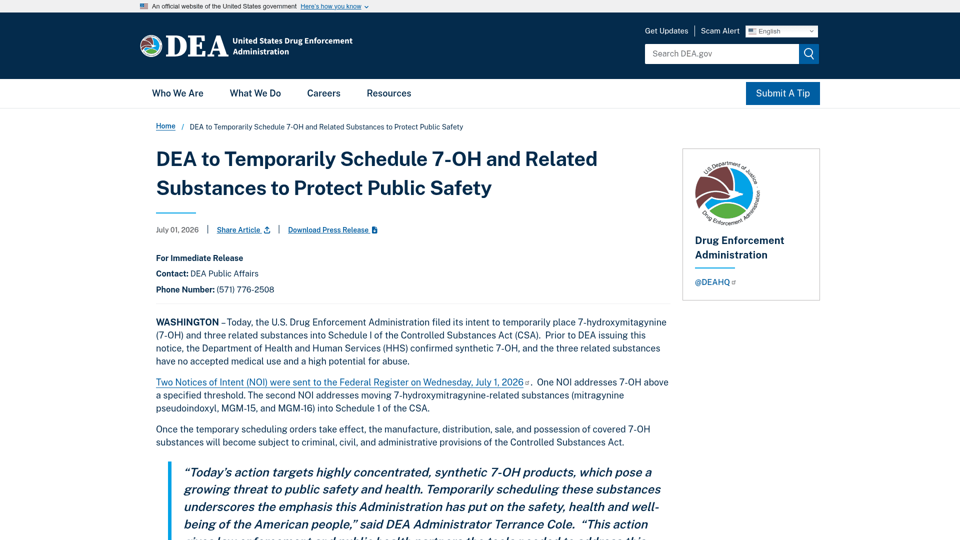 DEA press release headlined DEA to Temporarily Schedule 7-OH and Related Substances to Protect Public Safety, dated July 1, 2026