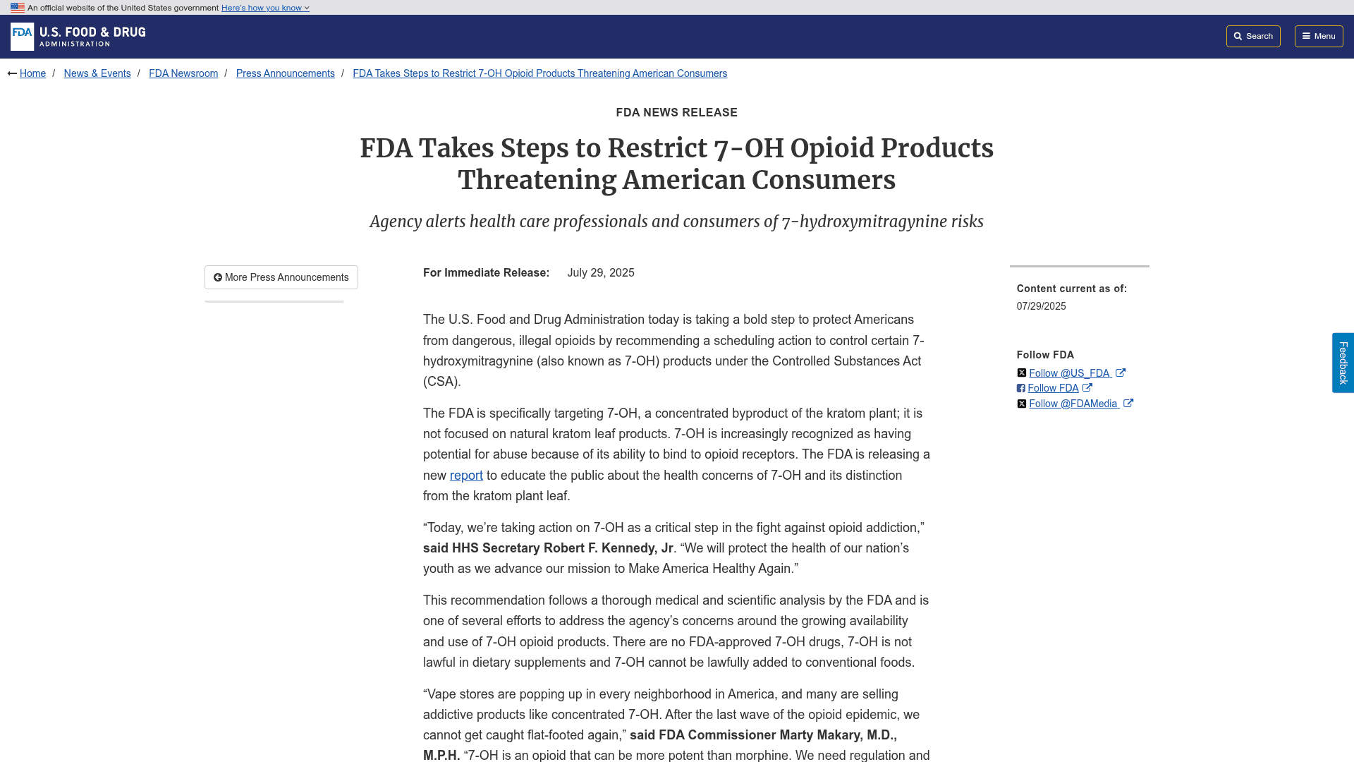 FDA news release headlined FDA Takes Steps to Restrict 7-OH Opioid Products Threatening American Consumers, dated July 29, 2025