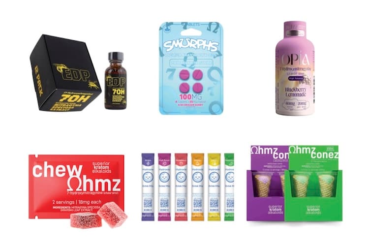 An array of concentrated 7-OH products: tablets, gummies, drink shots, and ice cream cones
