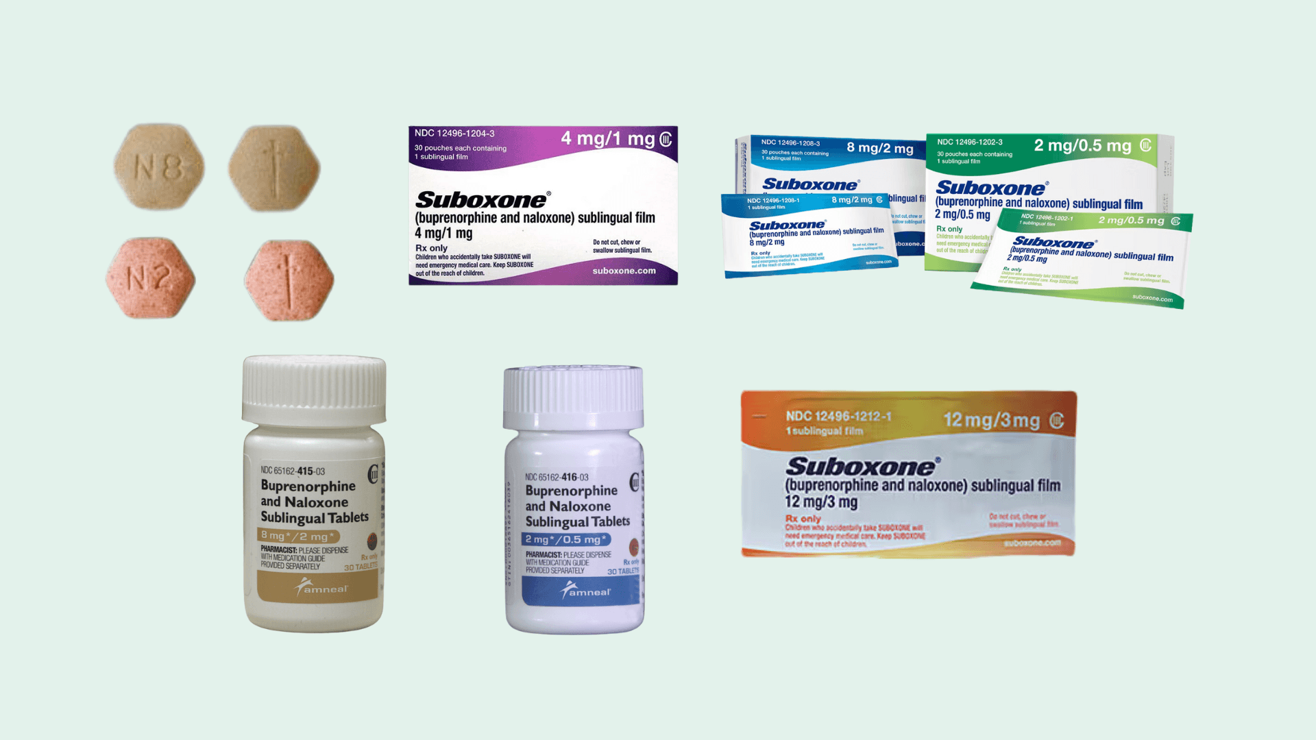 Suboxone and buprenorphine/naloxone in sublingual films, tablets, and prescription bottles