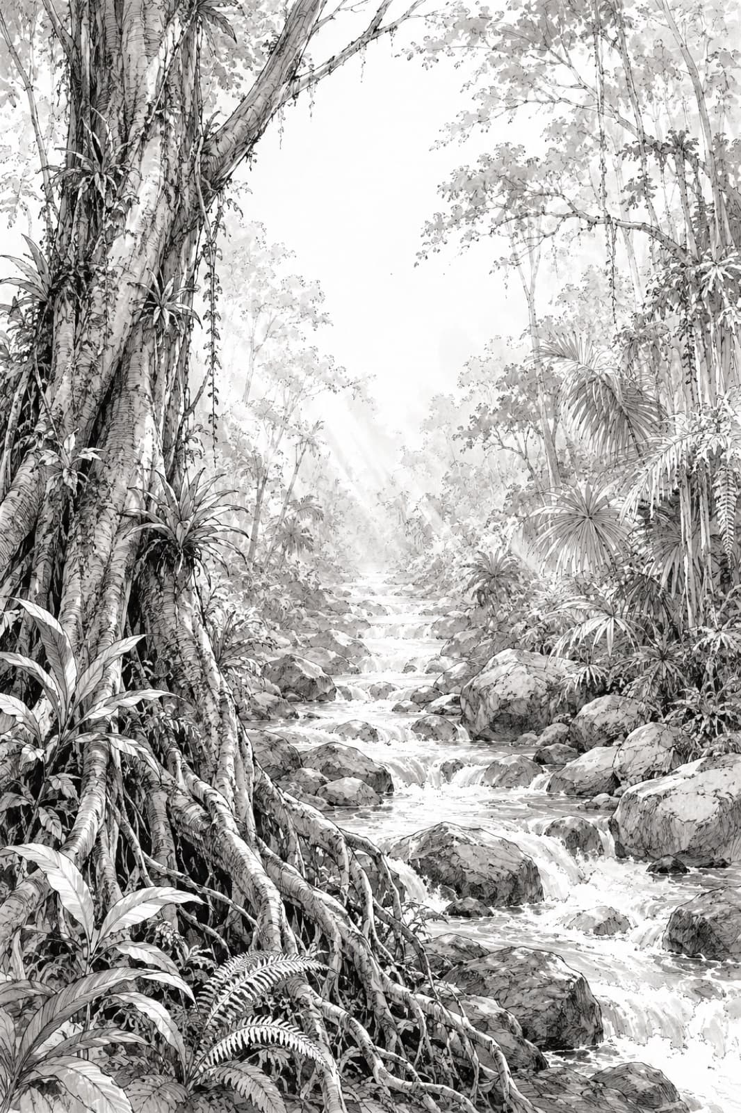 Pen sketch of rainforest light between tall trunks
