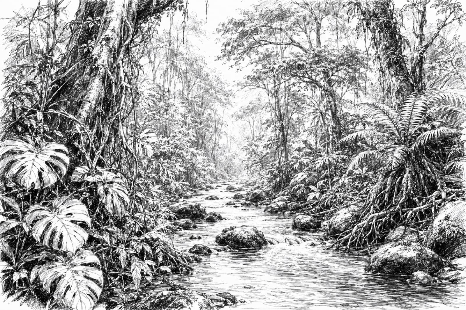 Pen sketch of water finding its way through rainforest stones