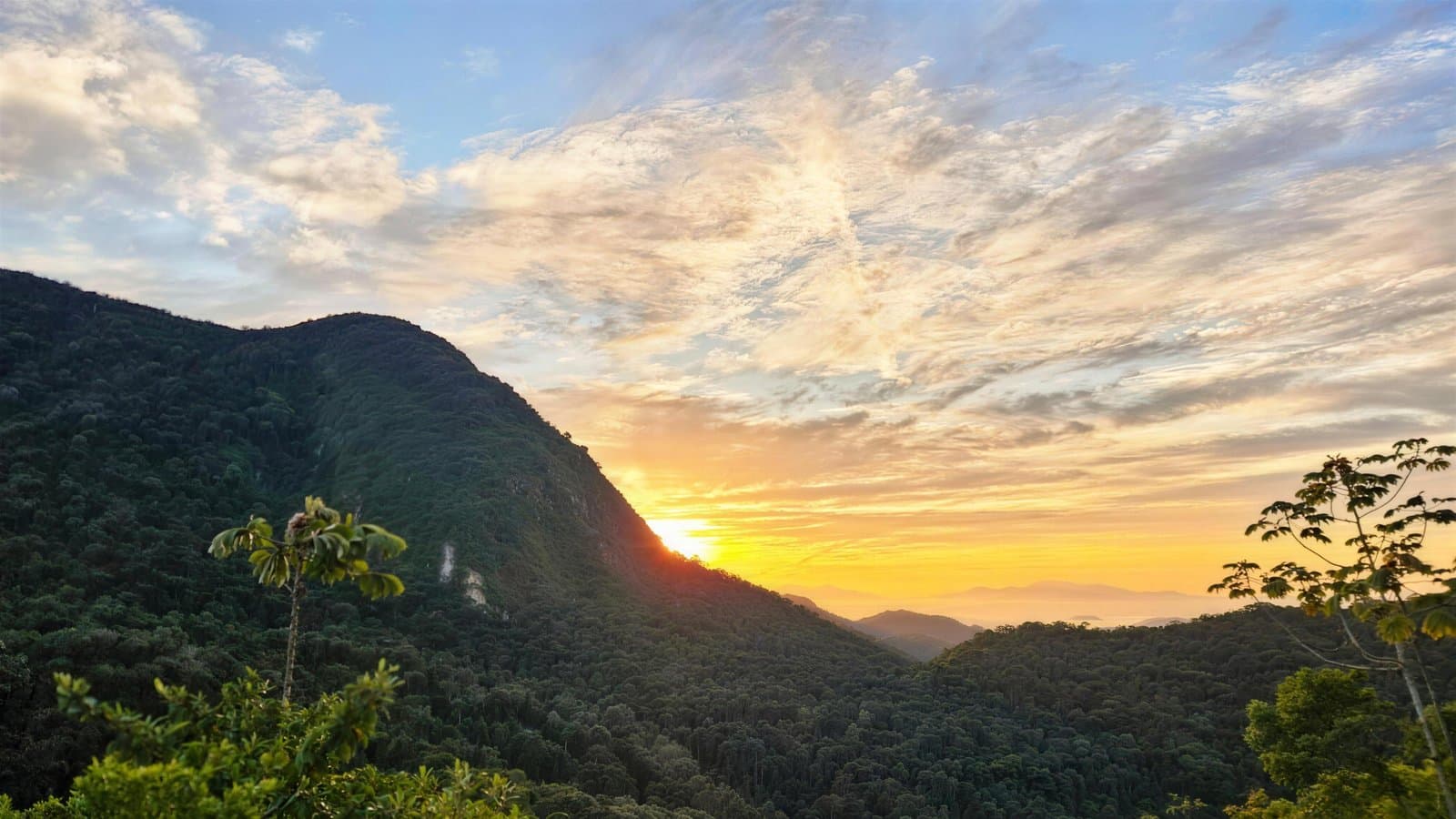 Sunrise over the Paraty mountains, first light on the ridgeline