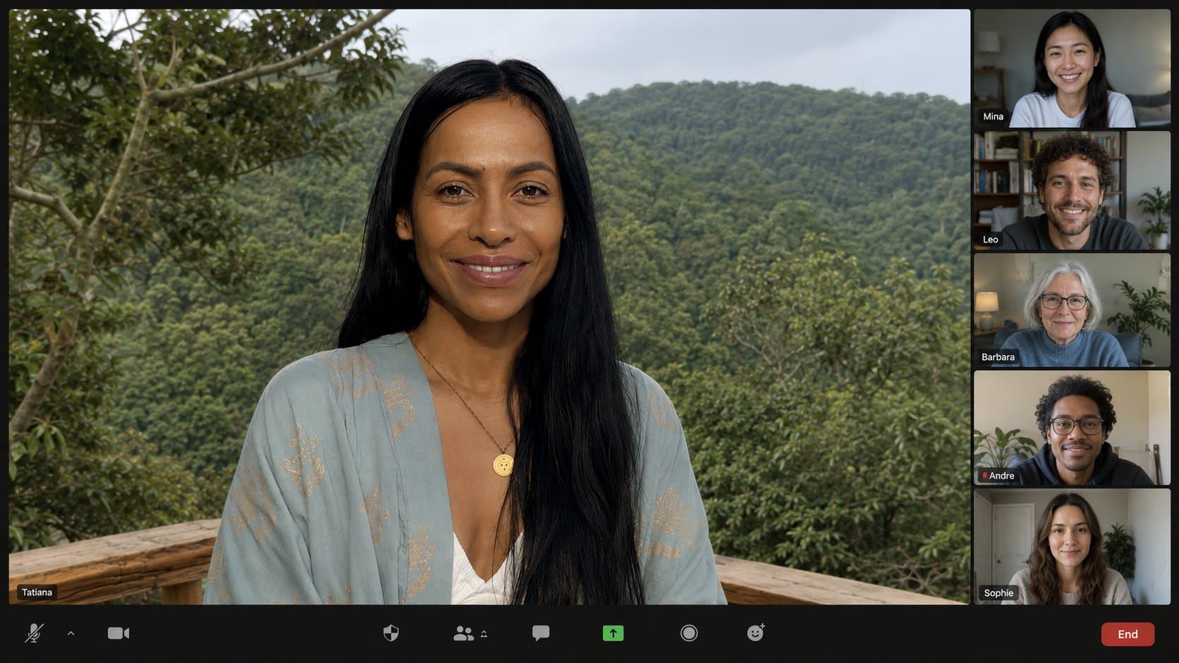 Tatiana leading a Nekawa Circle on Zoom from the rainforest, with students joining from home