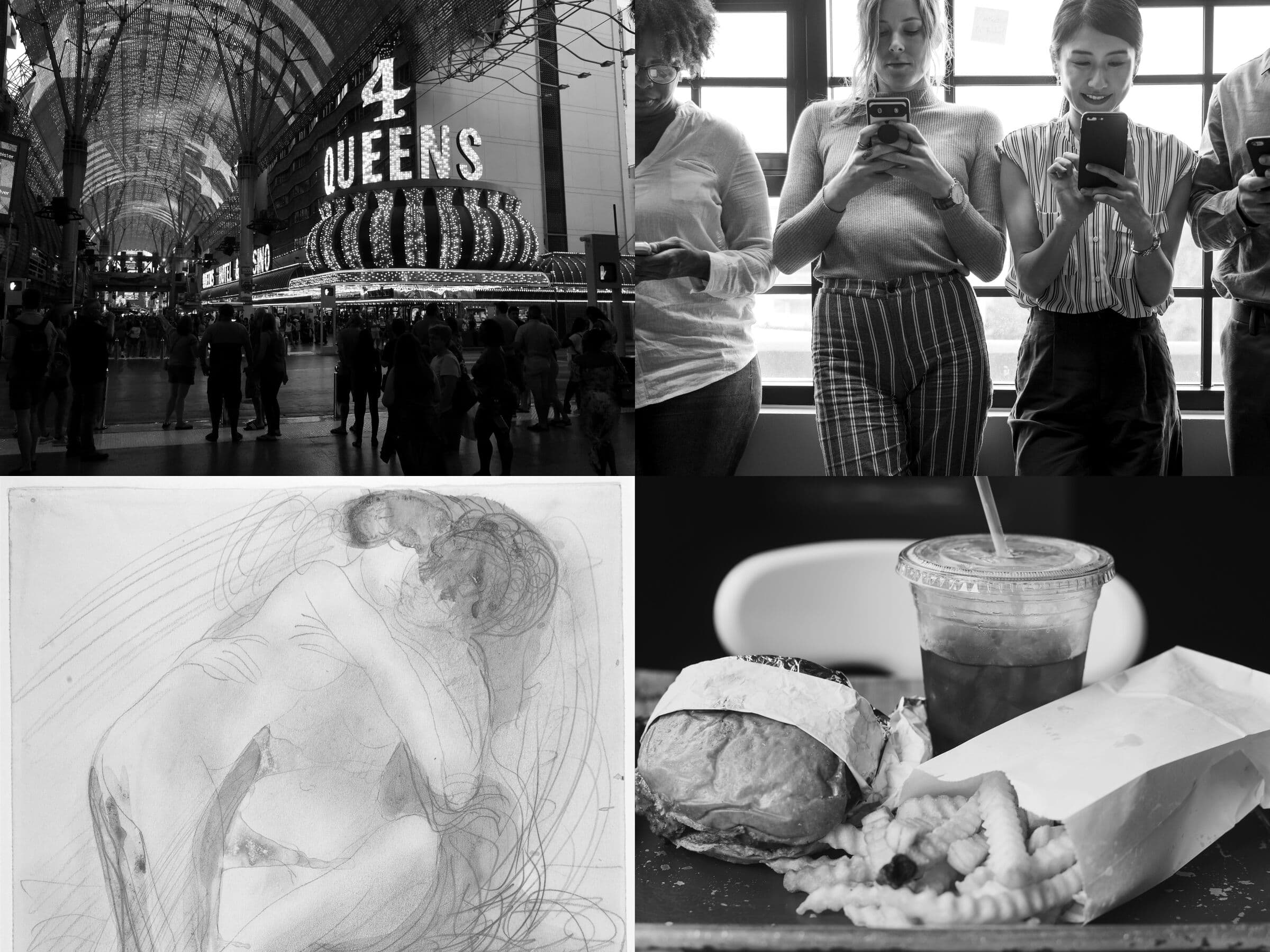 Four reward loops in one frame: casino neon, a row of people on phones, a Rodin drawing, a fast food tray