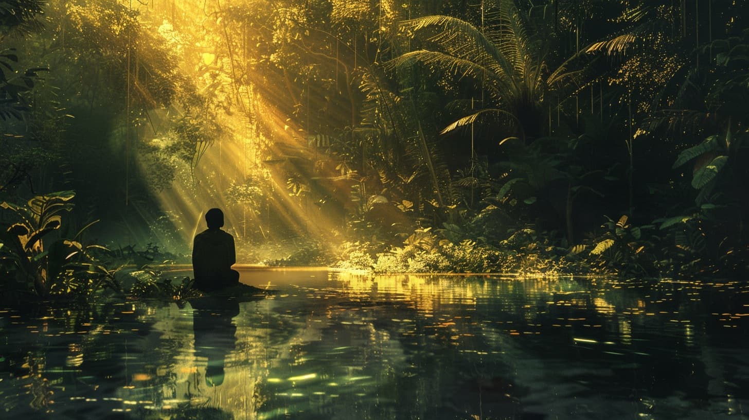 A lone figure sitting at the edge of a jungle river in a shaft of golden light, the header image of The Convert on IbogaineAdvisor