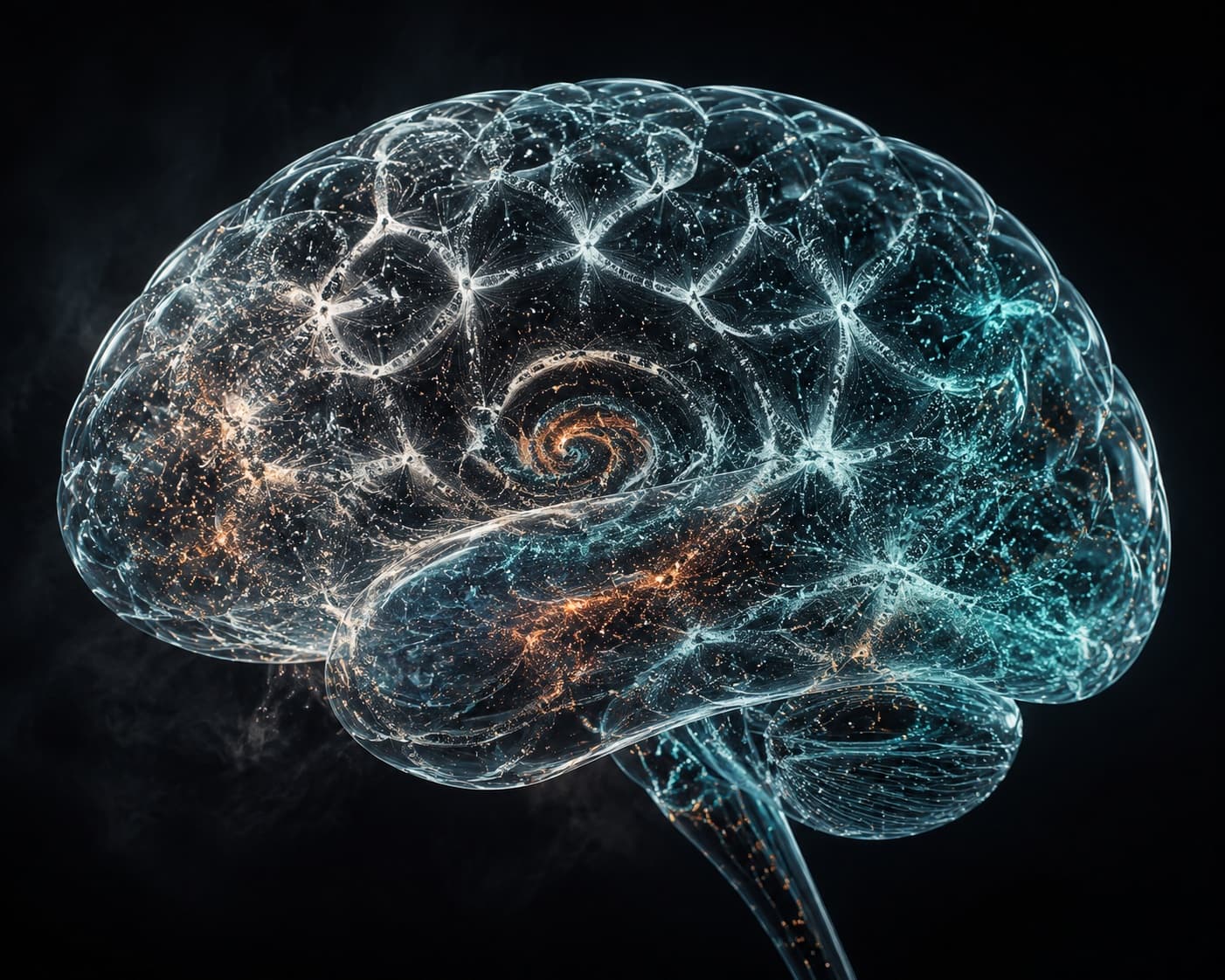 Artistic glass rendering of a brain with a tightening spiral at its center: a creative representation of anxiety