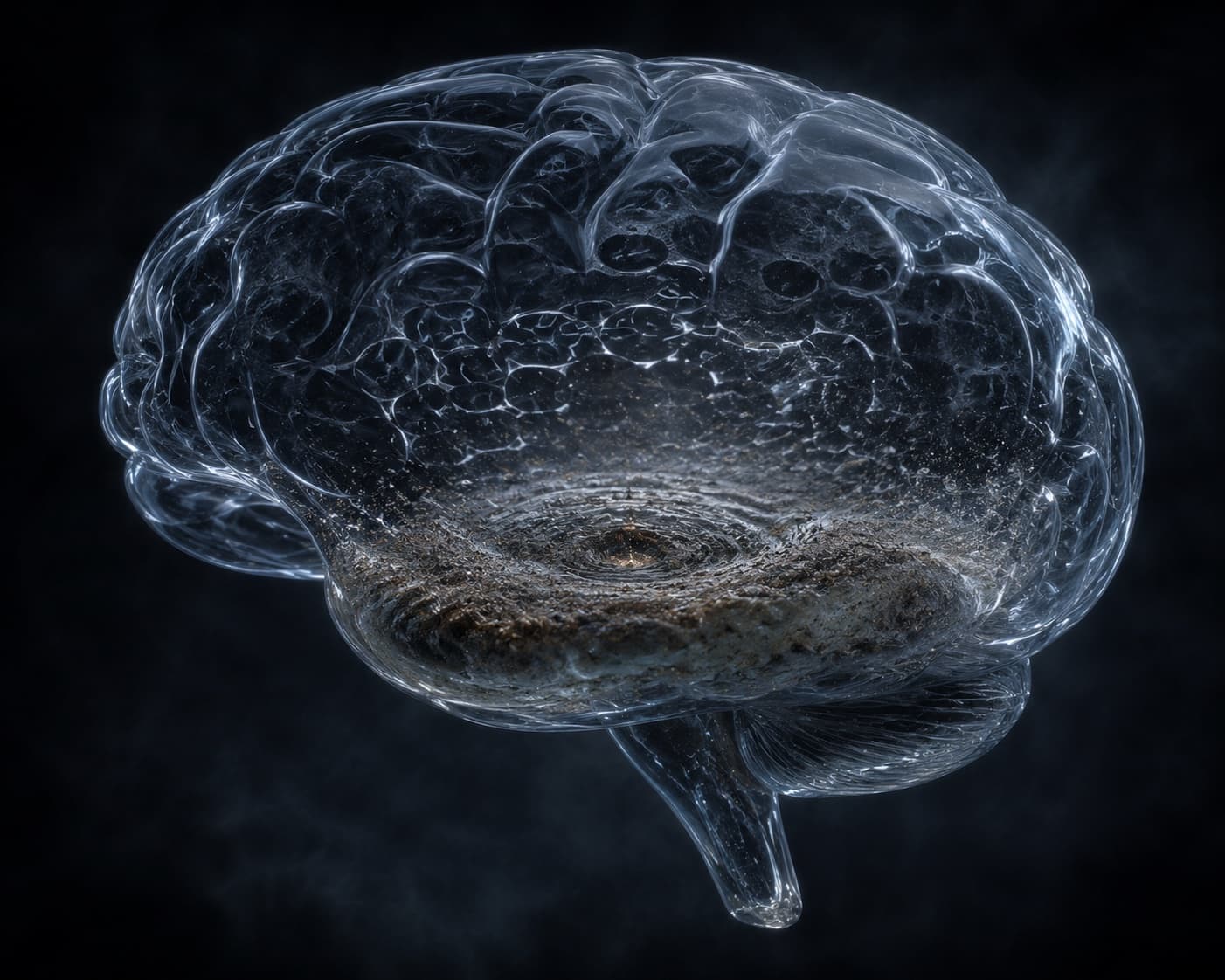 Artistic glass rendering of a brain, dim and heavy: a creative representation of depression
