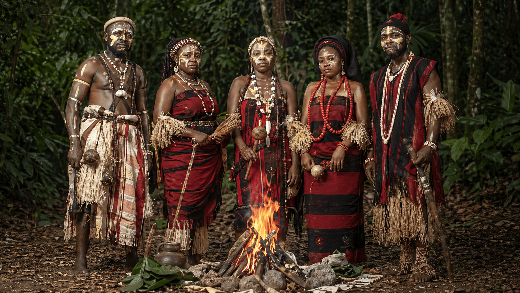 Bwiti practitioners in traditional ceremonial dress gathered around a sacred fire in the forest of Gabon