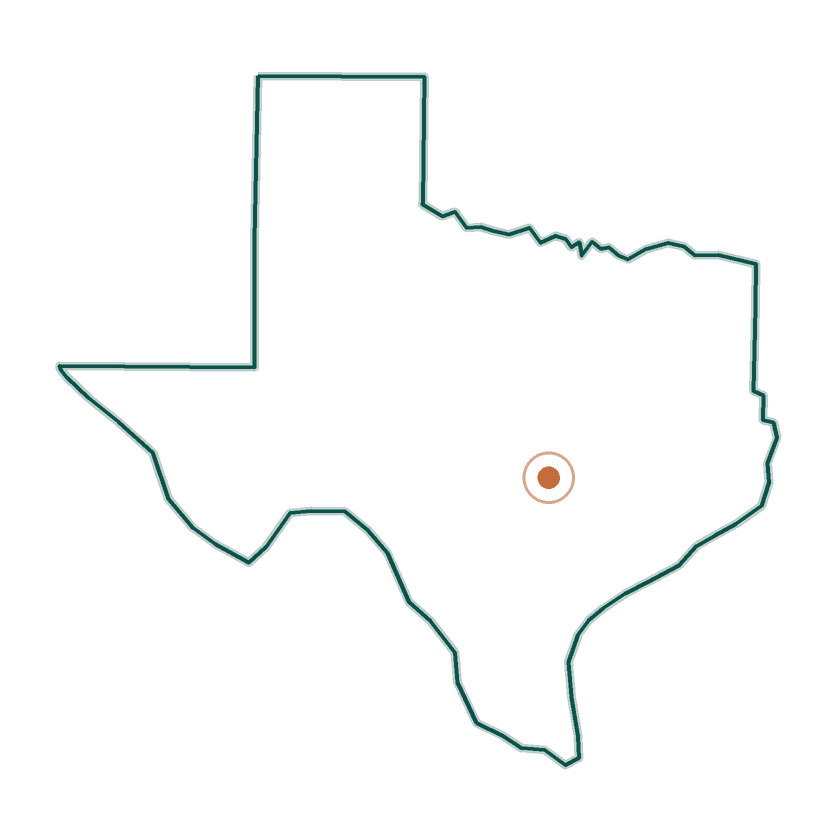 Sketched outline of Texas, with Austin marked