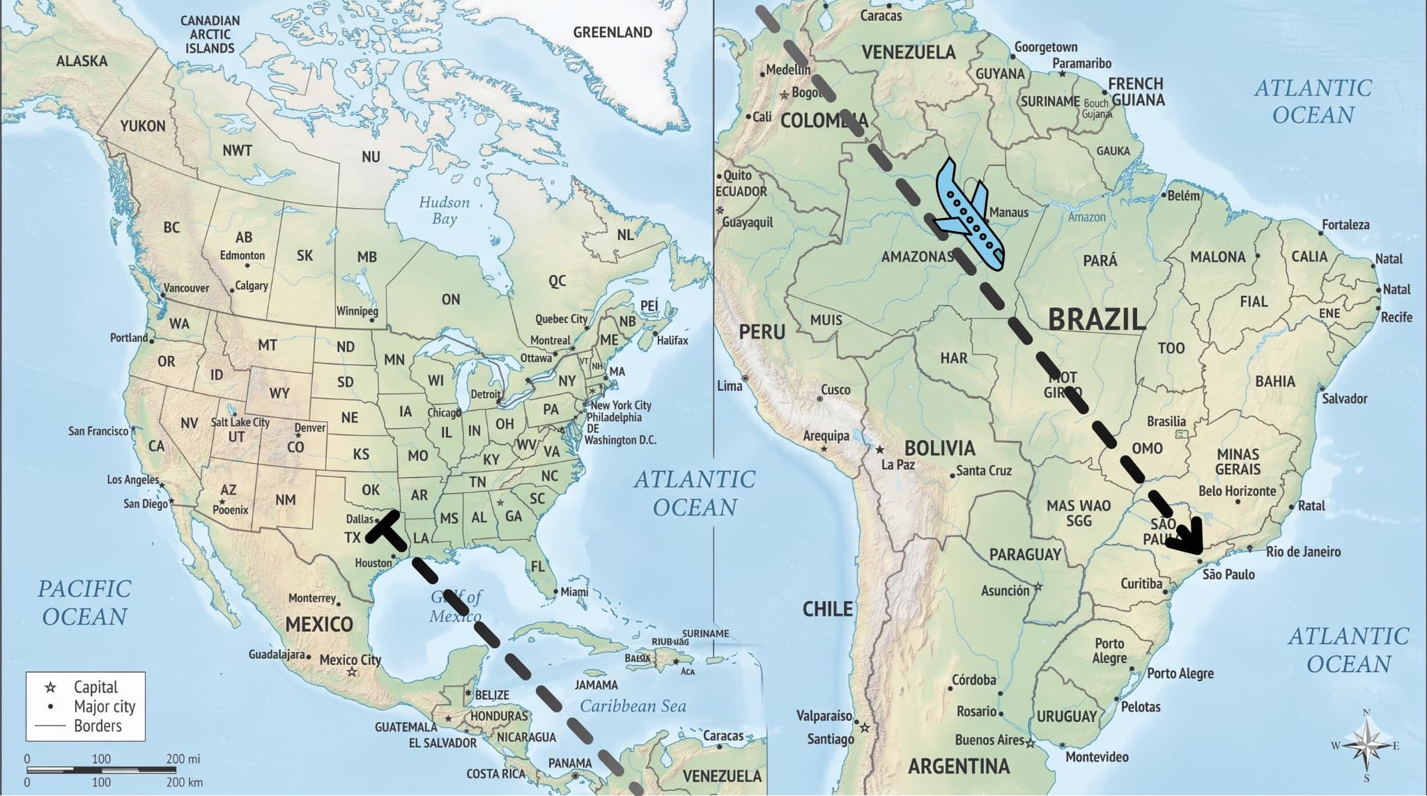 Flight path from Dallas, Texas to São Paulo, Brazil