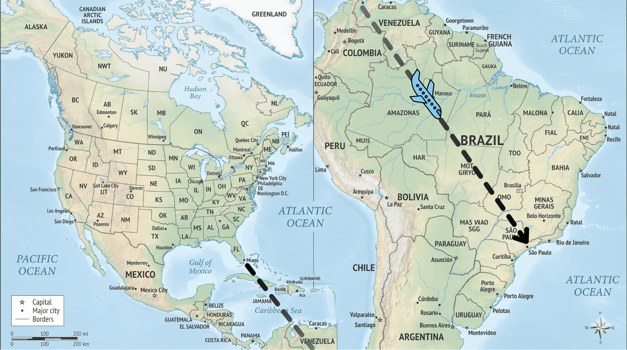 Flight path from Miami, Florida to São Paulo, Brazil